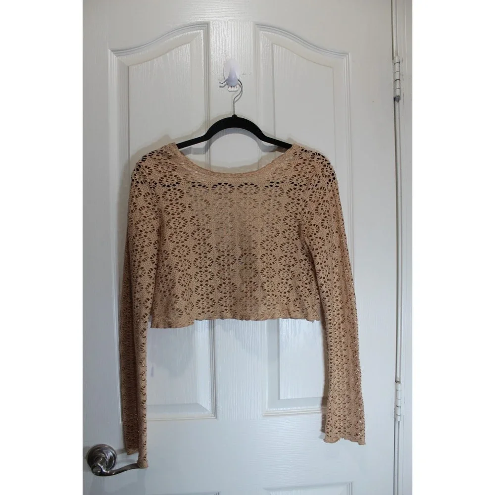 Free People Beach Tan Eyelet Long Sleeve Crop Top XS